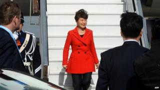 South Korean President Park Geun-hye arrives at Schiphol airport in Amsterdam on March 23, 2014