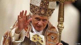 Pope Benedict XVI at end of Vespri mass at Basilica of Saint Paul Outside The Walls in Rome. January 2013