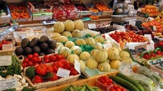 A stall in a French fruit and veg market