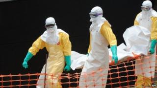 Staff of the "Doctors without Borders" ("Medicins sans Frontieres") medical aid organisation carry the body of a person killed by viral haemorrhagic fever, at a centre for victims of the Ebola virus in Guekedou, on April 1, 2014.