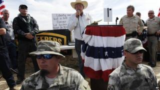 Nevada rancher Cliven Bundy addresses a crowd of protestors near his ranch on 12 April, 2014.