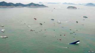 Aerial view of rescue mission around ferry