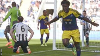 Wilfried Bony celebrates scoring Swansea's first goal