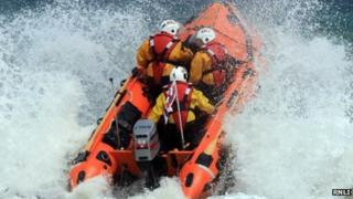 D Class RNLI lifeboat in surf