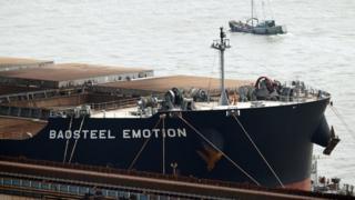 The Baosteel Emotion, a 226,434 deadweight-tonne ore carrier owned by Mitsui O.S.K. Lines, is docked at the port of Maji Island, south of Shanghai on 22 April, 2014