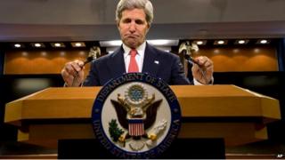 US Secretary of State John Kerry speaks to press about the situation with Ukraine and Russia - 24 April 2014