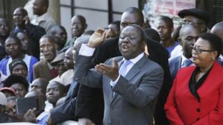 Morgan Tsvangirai, centre, addresses party members in Harare on 29 April 2014