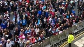 burnley fans outside hall town promotion premier celebrate league civic gathered reception caption