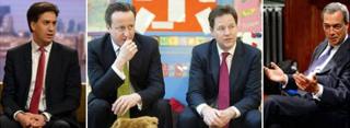 From left: Ed Miliband, David Cameron, Nick Clegg and Nigel Farage