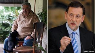 Составное изображение, на котором изображены президент Уругвая Хосе Мухика (слева) и премьер-министр Испании Мариано Рахой (справа)