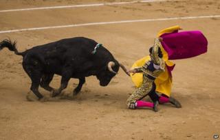 Spanish bullfighter David Mora is tossed by a El Ventorrillo ranch fighting bull during a bullfight at Las Ventas bullring in Madrid, Spain, Tuesday, May 20, 2014