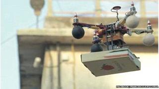 Photo of a pizza being delivered by drone