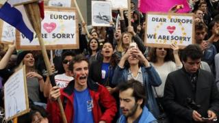 Demonstrators against French far-right National Front party chant slogans during a march from Bastille plaza to Republique Plaza, in Paris, 29 May 2014