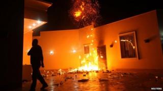 The US consulate in flames in Benghazi, Libya 11 September 2012