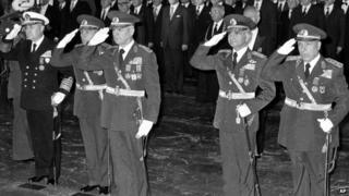 Leaders of 12 September military coup, from left to right, Adm. Nejat Tumer, Gen. Nurettin Ersin, Gen. Kenan Evren, Gen. Tahsin Sahinkaya and Gen. Sedat Celasun, taken 29 October 1980