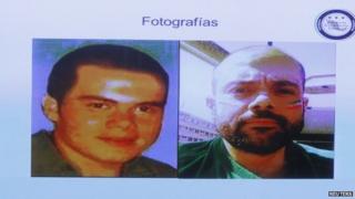 A screen displays photographs of Luis Fernando Sanchez Arellano during a news conference in Mexico City on 24 June, 2014