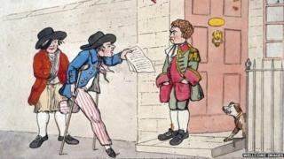 A drawing of a one legged man attending the porters