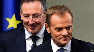 Polish PM Donald Tusk and Interior Minister Bartlomiej Sienkiewicz in parliament. 25 June 2014