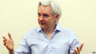 Wikileaks founder Julian Assange speaking to the media inside the Ecuadorian Embassy in London, ahead of the first anniversary of his arrival there on 19 June 2012.