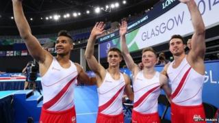 England's Louis Smith, Max Whitlock, Nile Wilson and Kristian Thomas
