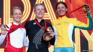 Emma Pooley of England, Linda Villumsen of New Zealand and Katrin Garfoot of Australia