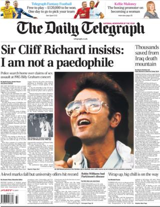 Daily Telegraph front page, 15/8/14