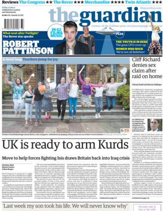 Guardian front page, 15/8/14
