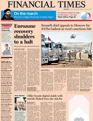 Financial Times front page, 15/8/14