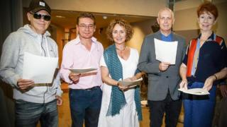 Chris Lowe (left) and Neil Tennant (second from right) with Archers cast members Ian Pepperell (Roy Tucker), Alison Dowling (Elizabeth Pargetter) and Carole Boyd (Linda Snell)