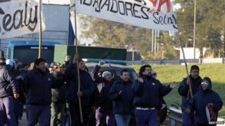 Strikers march in a second general strike in Argentina this year.