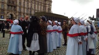 Prince Edward, Earl of Wessex inspects volunteer soldiers and nurses