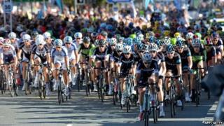 Riders taking part in the first stage of the 2014 Tour of Britain in Liverpool