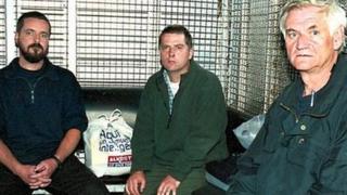 Mr McCauley, seen here in the middle, was arrested along with Niall Connolly and James Monaghan in Colombia in 2001