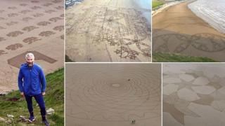 Simon Beck and his sand art at Brean Beach, Somerset