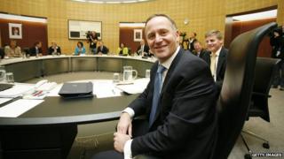 Prime Minister John Key and Finance Minister Bill English pose during a cabinet meeting at the Beehive on 28 November, 2011 in Wellington, New Zealand