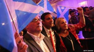 "Better Together" supporters celebrate the result of the Scottish referendum on independence at the campaign headquarters on 19 September 2014 in Glasgow, Scotland