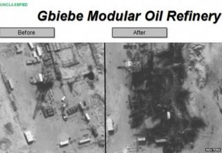 Photos released on 25 September by the Pentagon show the Gbiebe Modular Oil Refinery in Syria before (left) and after air strikes