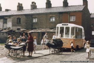 Ice cream van on terraced street, Manchester 1965