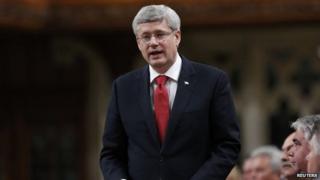 Canada's Prime Minister Stephen Harper outlines his government's plan to participate in a military campaign against Islamic State militants, in the House of Commons on Parliament Hill in Ottawa 3 October 2014