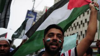 A protestor waves a Palestinian flag during August 2014 demonstrations in Pakistan.