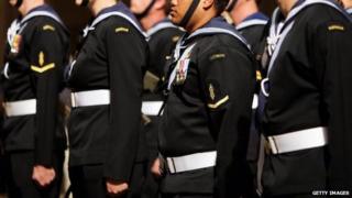 Navy officers from HMAS Sydney stand guard during a national memorial service of thanksgiving and remembrance for those lost in HMAS Sydney II at St Andrew's Cathedral in Sydney Square on 24 April 2008 in Sydney, Australia