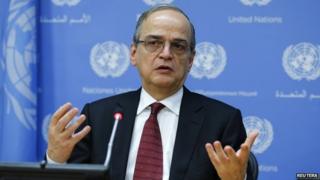 Syrian National Coalition President Hadi al-Bahra speaks to members of the media during a news briefing at the United Nations headquarters in New York