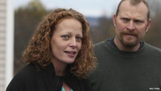 Nurse Kaci Hickox (L) joined by her boyfriend Ted Wilbur speak with the media outside of their home in Fort Kent, Maine October 31, 2014