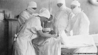 A soldier's leg being amputated during World War One