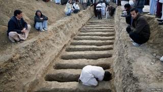 A man prepares graves for the victims of a February 2013 vegetable market bomb attack in the Shia Hazara area of Quetta city (February 2013)