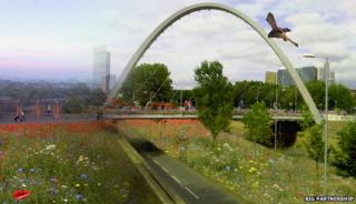 Mock-up of Manchester city centre with wildflowers and birds