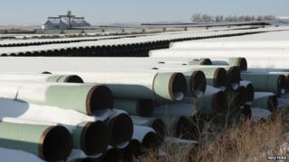 A depot used to store pipes for Transcanada Corps planned Keystone XL oil pipeline is seen in Gascoyne, North Dakota, on 14 November 2014