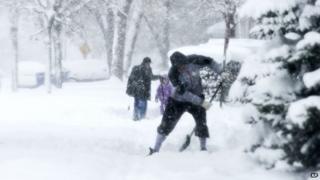 Жители сгребают свои тротуары вдоль Койт-Авеню на ветру и в снегу в Гранд-Рапидсе, штат Мичиган.