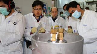 International Atomic Energy Agency (IAEA) inspectors and Iranian technicians at the nuclear power plant of Natanz, 20 January 2014 as