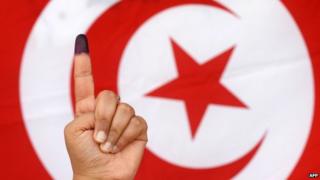 Ink-stained finger of Tunisian voter